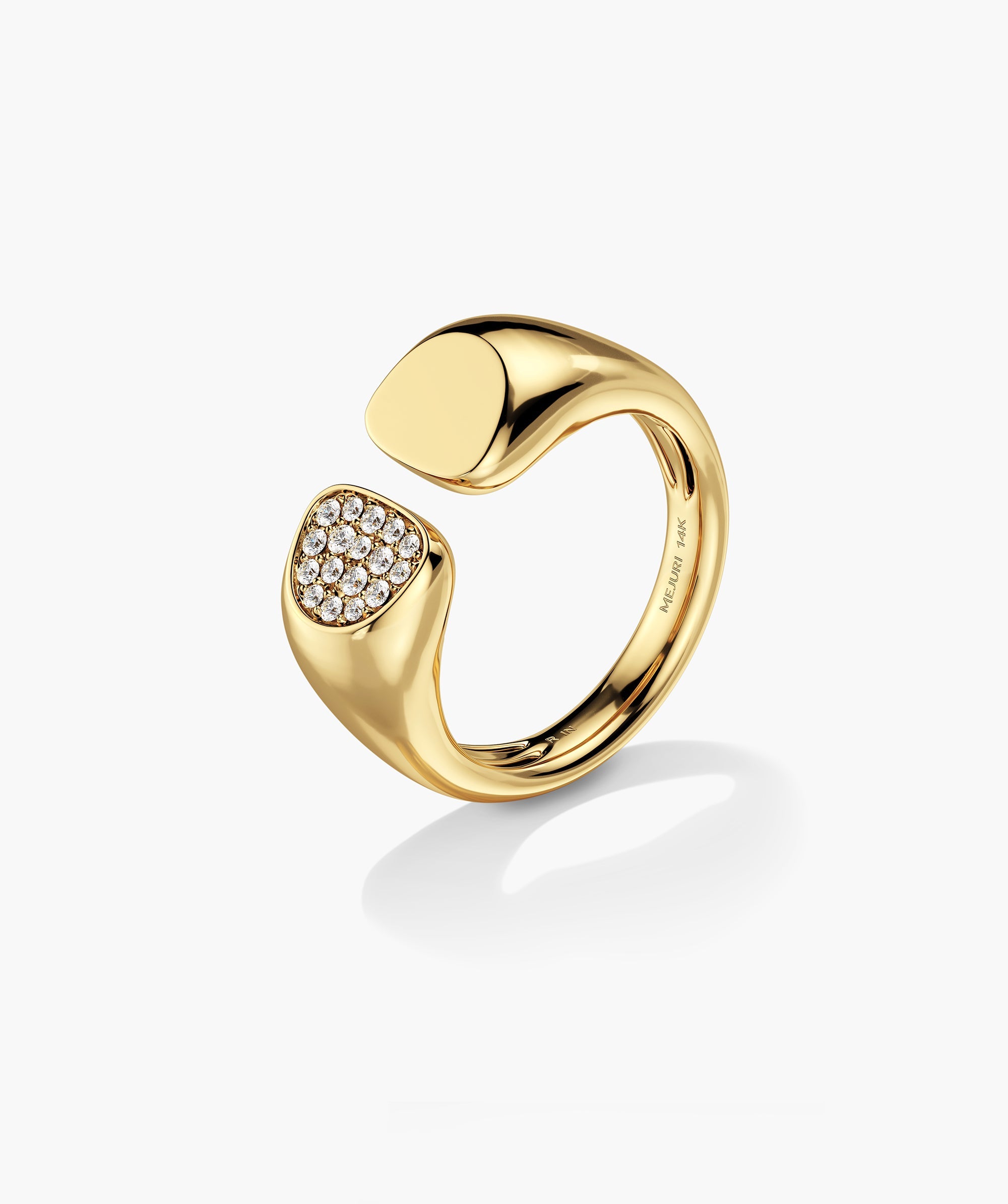 Sabine Open Signet Pinky Ring featuring an open-ended 14K gold band with one smooth cap and a pavÃ© diamond cluster on the other.