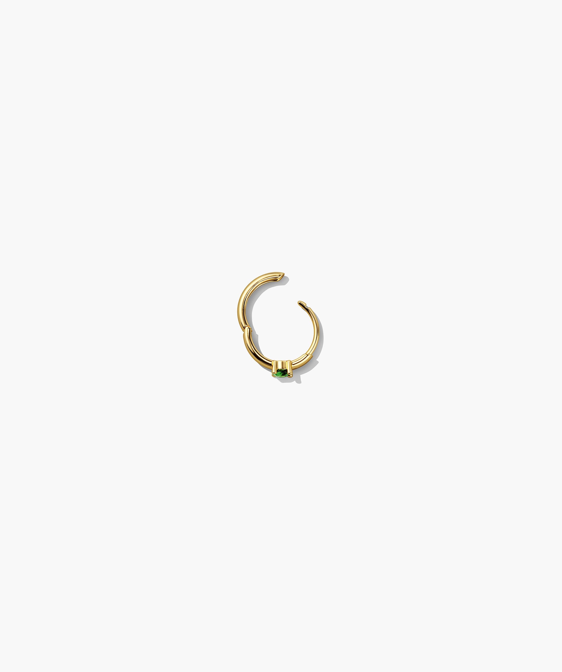 Single Colored Mini Hoop: A small gold hoop earring with a rectangular gemstone, featuring an easy hinge clasp for daily wear. Sold individually.
