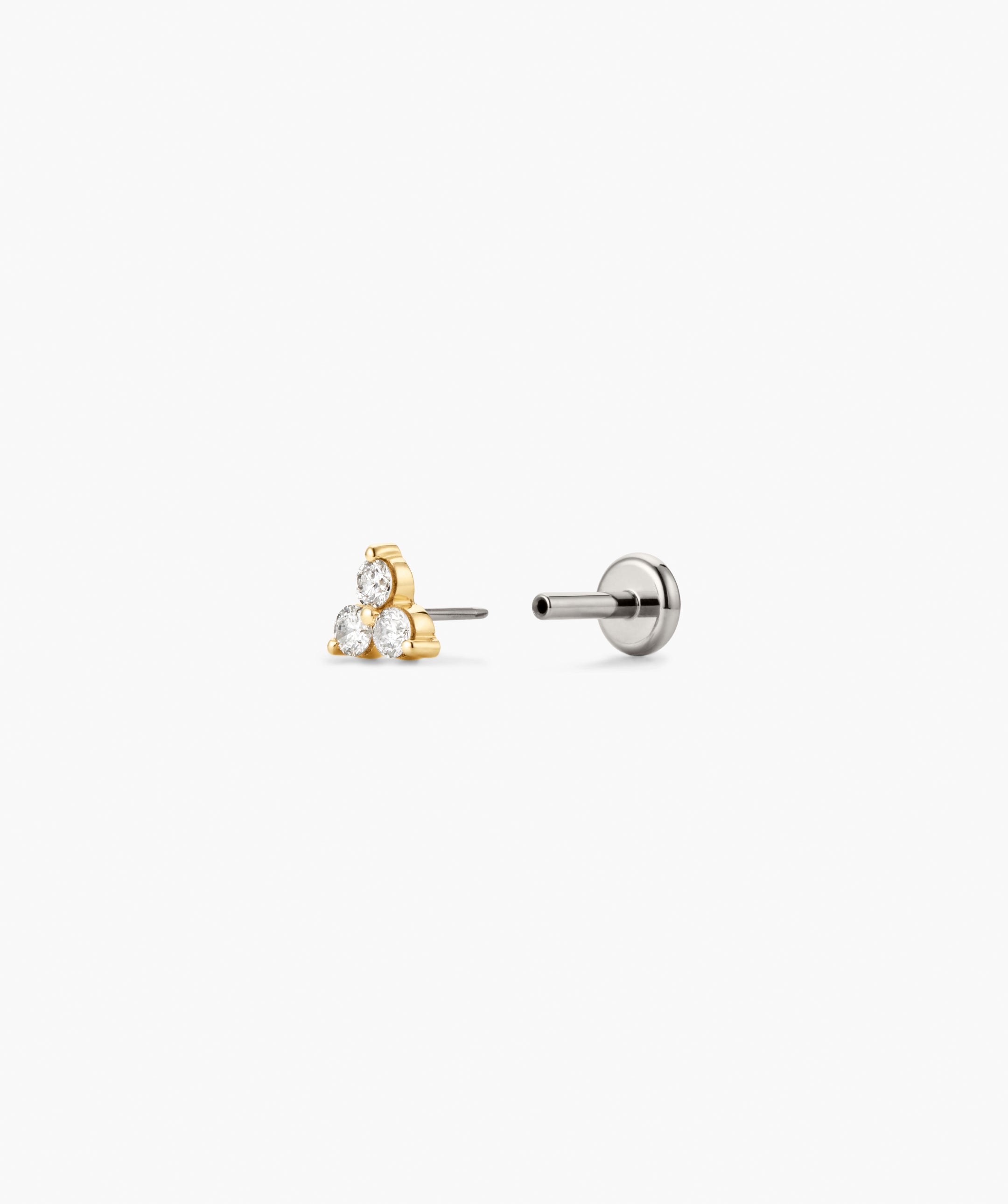 Diamond Lotus Flat Back Stud featuring a three-diamond cluster set in yellow gold with a matching implant-grade titanium post and flat disc backing.