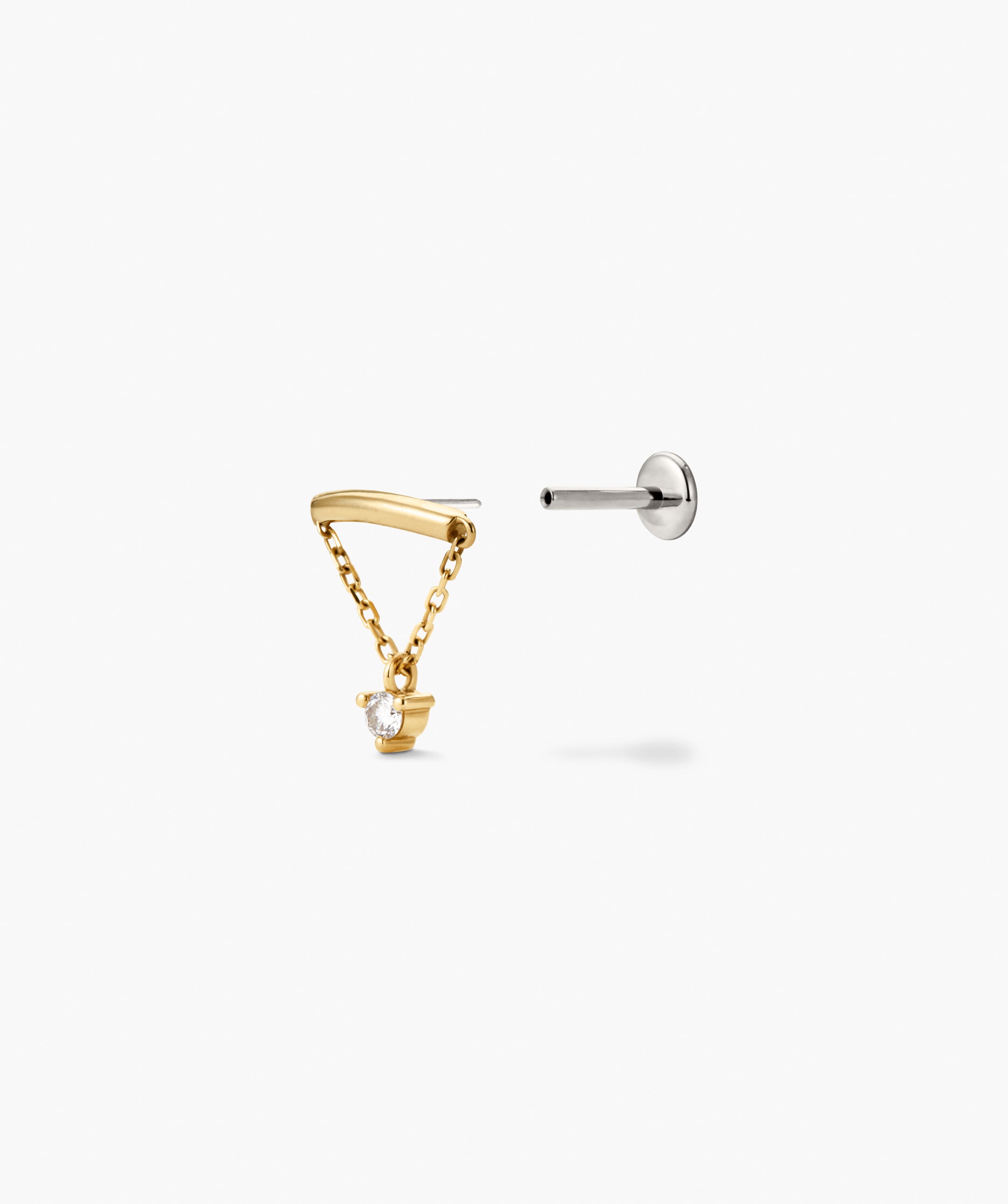 Piercing Studio - Lab Grown Diamond Helix Stud featuring a gold stud with a bar, chain, and diamond, alongside a silver earring post.