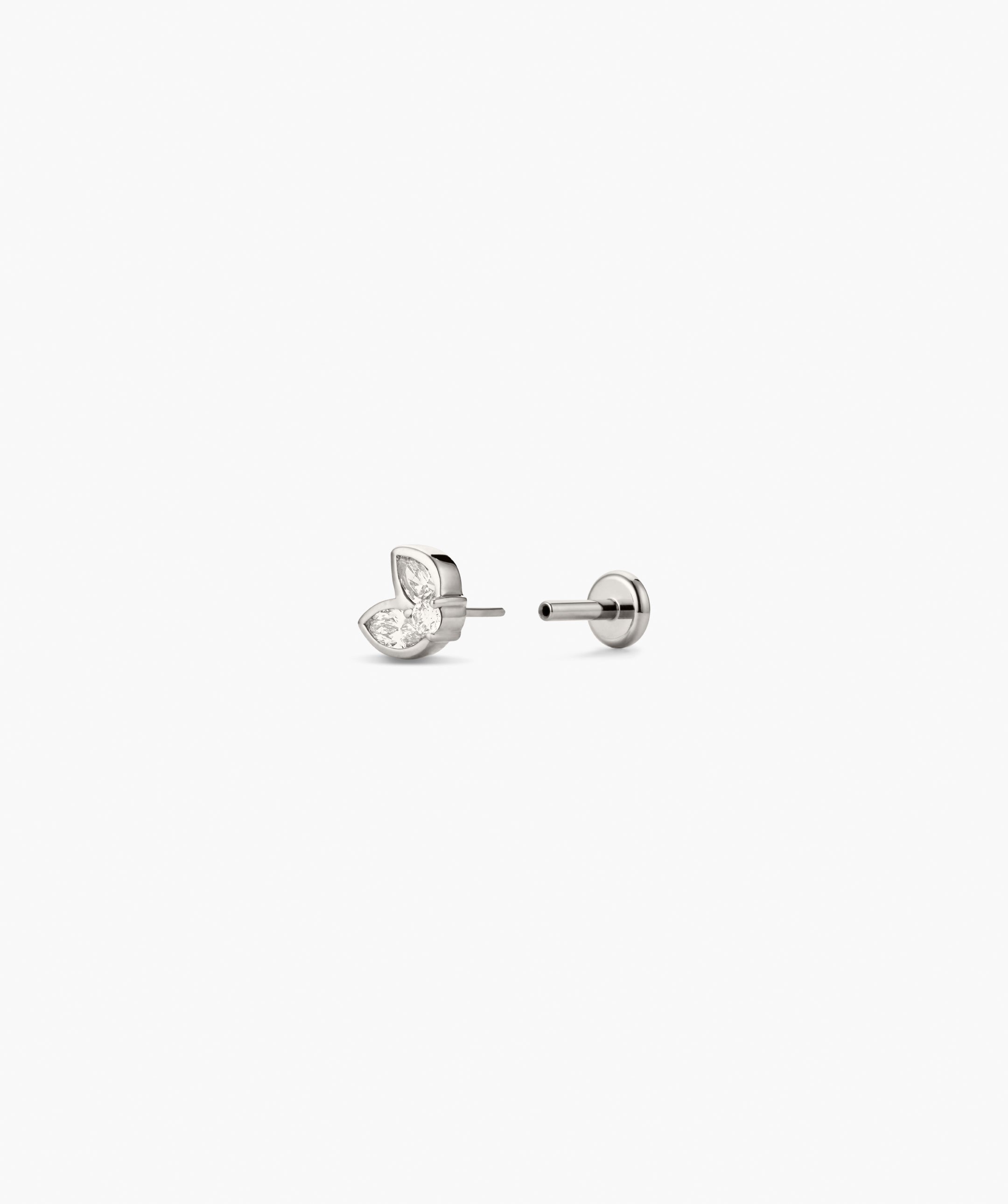 Piercing Studio - Lab Grown Diamond Petal Studs featuring three marquise-cut stones in silver-tone settings, displayed on a white background with one showing the post and back.