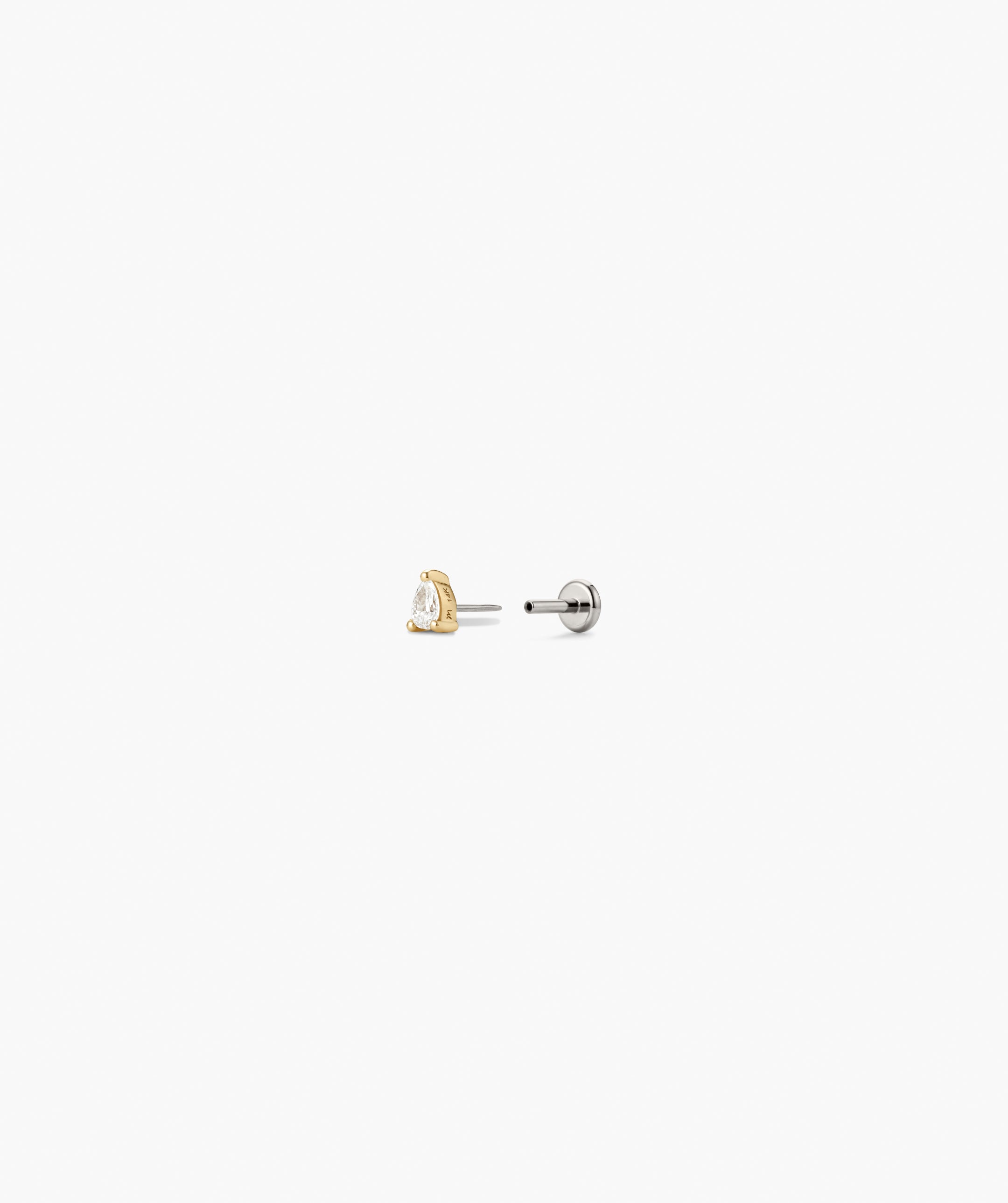 Pear Diamond Flat Back Stud featuring a pear-shaped diamond in a yellow-gold prong setting, paired with a matching screw-back, crafted in 14k solid gold.