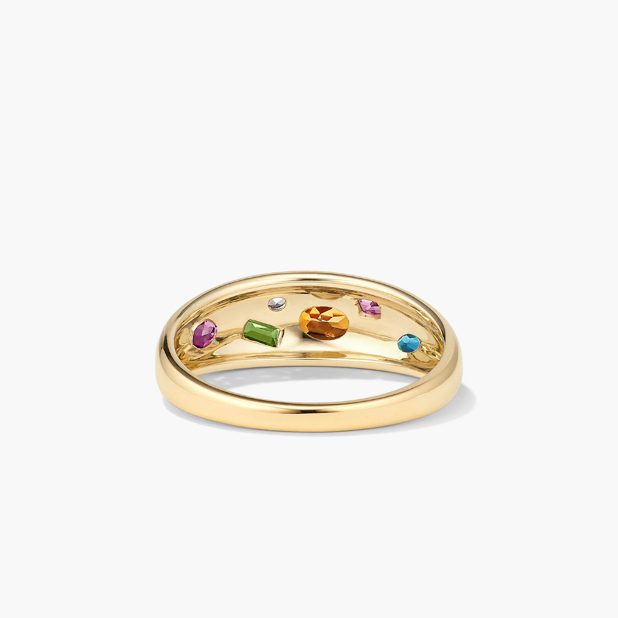Toronto Mosaic DÃ´me Ring: A gold ring featuring six gemstones in varied cuts, including rhodolite, green tourmaline, and blue topaz, inspired by mosaic art.