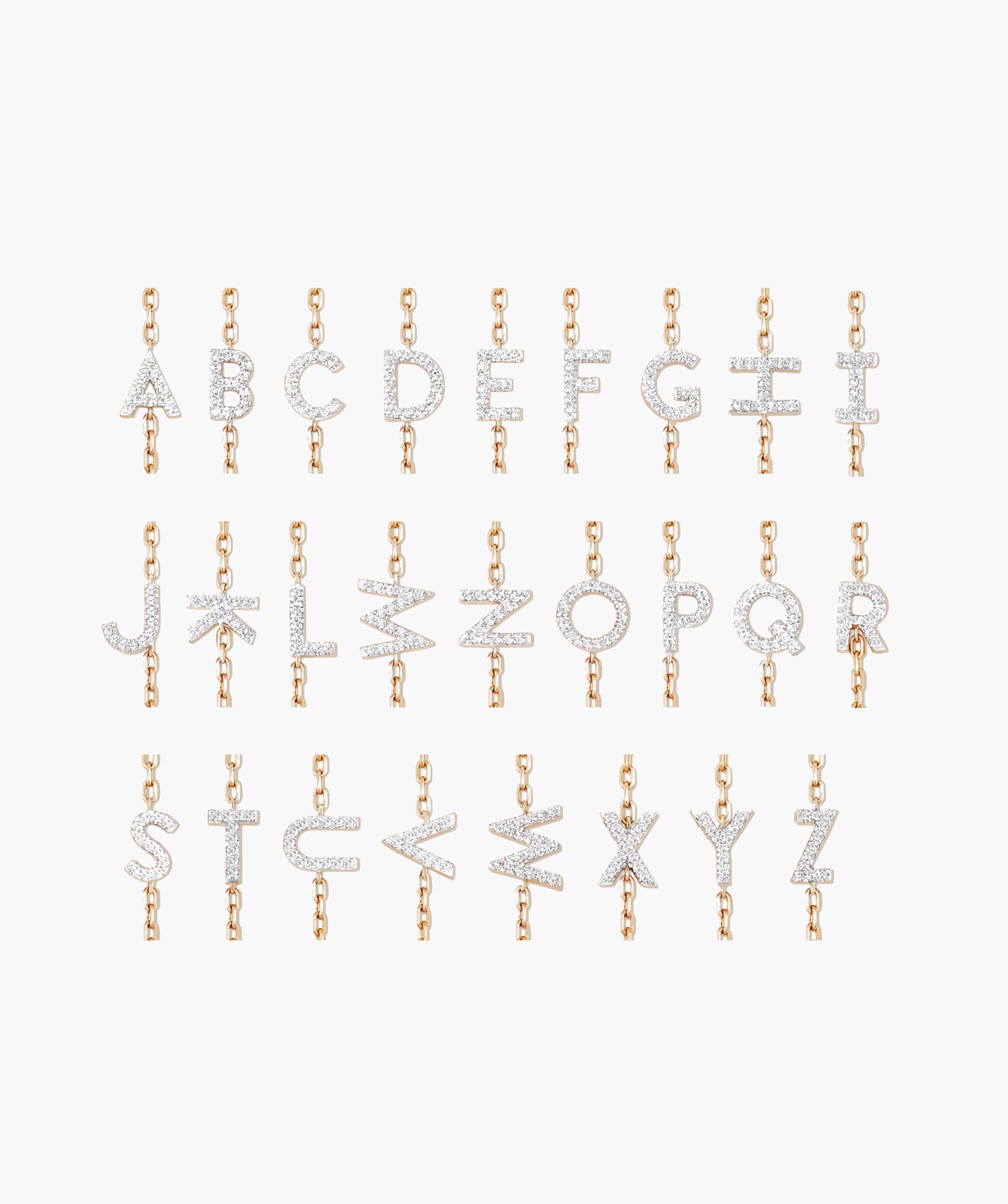 Diamond Letter Bracelet featuring 26 yellow gold pendants A-Z, each pavÃ©-studded with diamonds, hanging vertically from a gold chain, handcrafted in 14k solid gold.