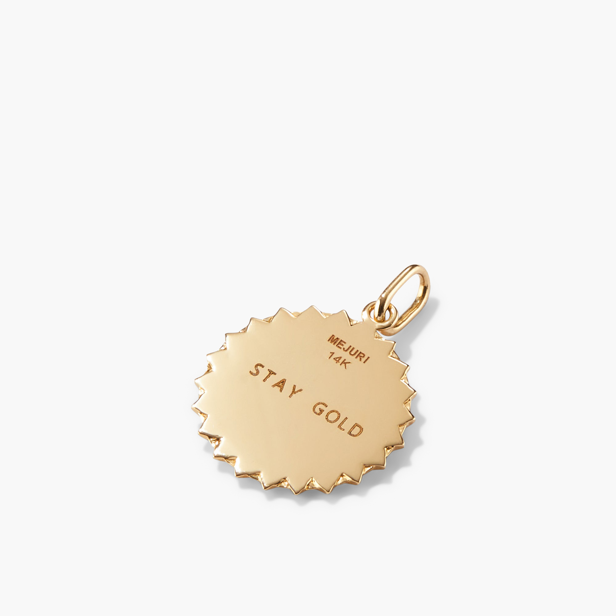 Strength: Rose Coin Charm Pendant - Close-up of a gold medallion with engraved text, symbolizing strength, handcrafted in recycled 14k solid gold.