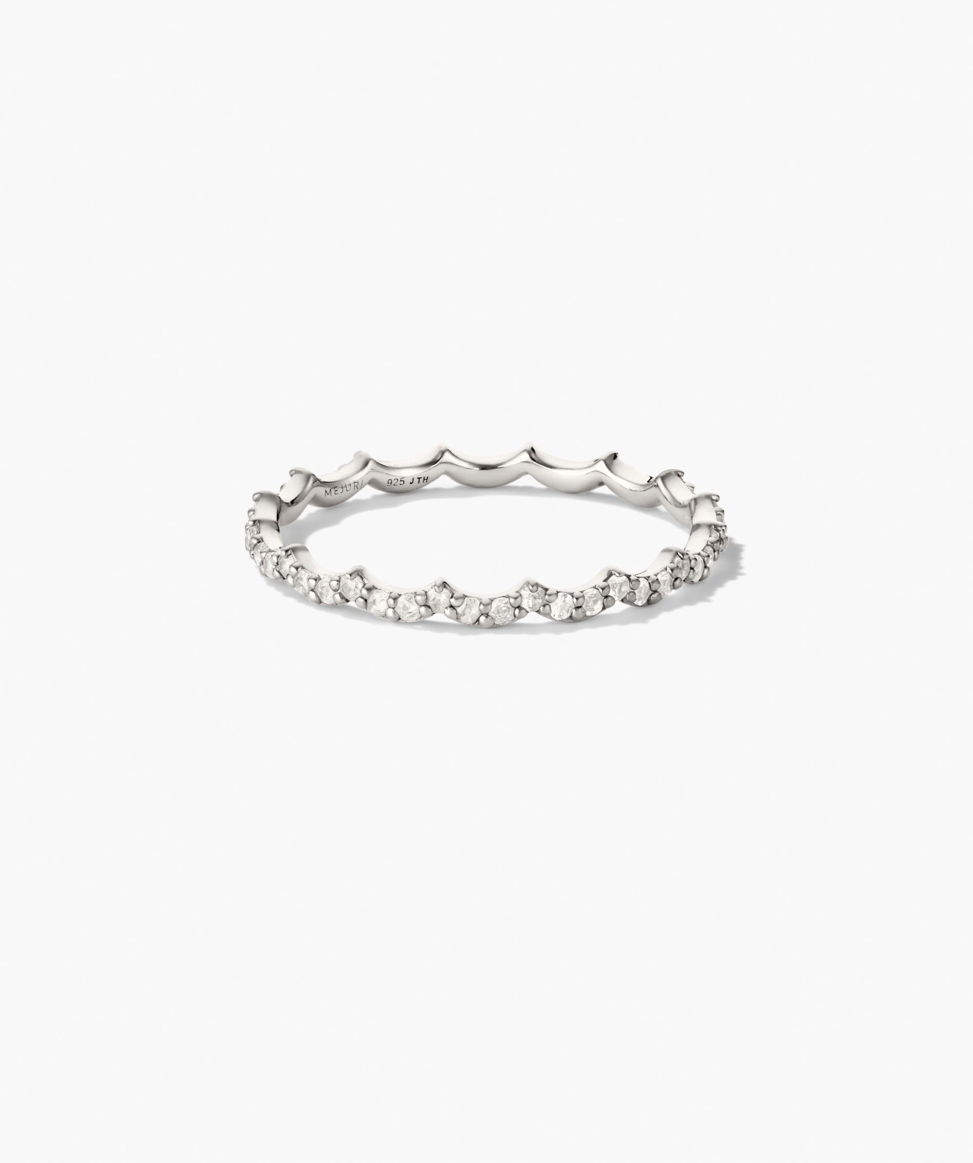Slim Charlotte Stacker Set: Sterling silver scallop-edged ring with pavÃ© diamonds, ideal for stacking. Features lab-grown sapphire accents for added flair.