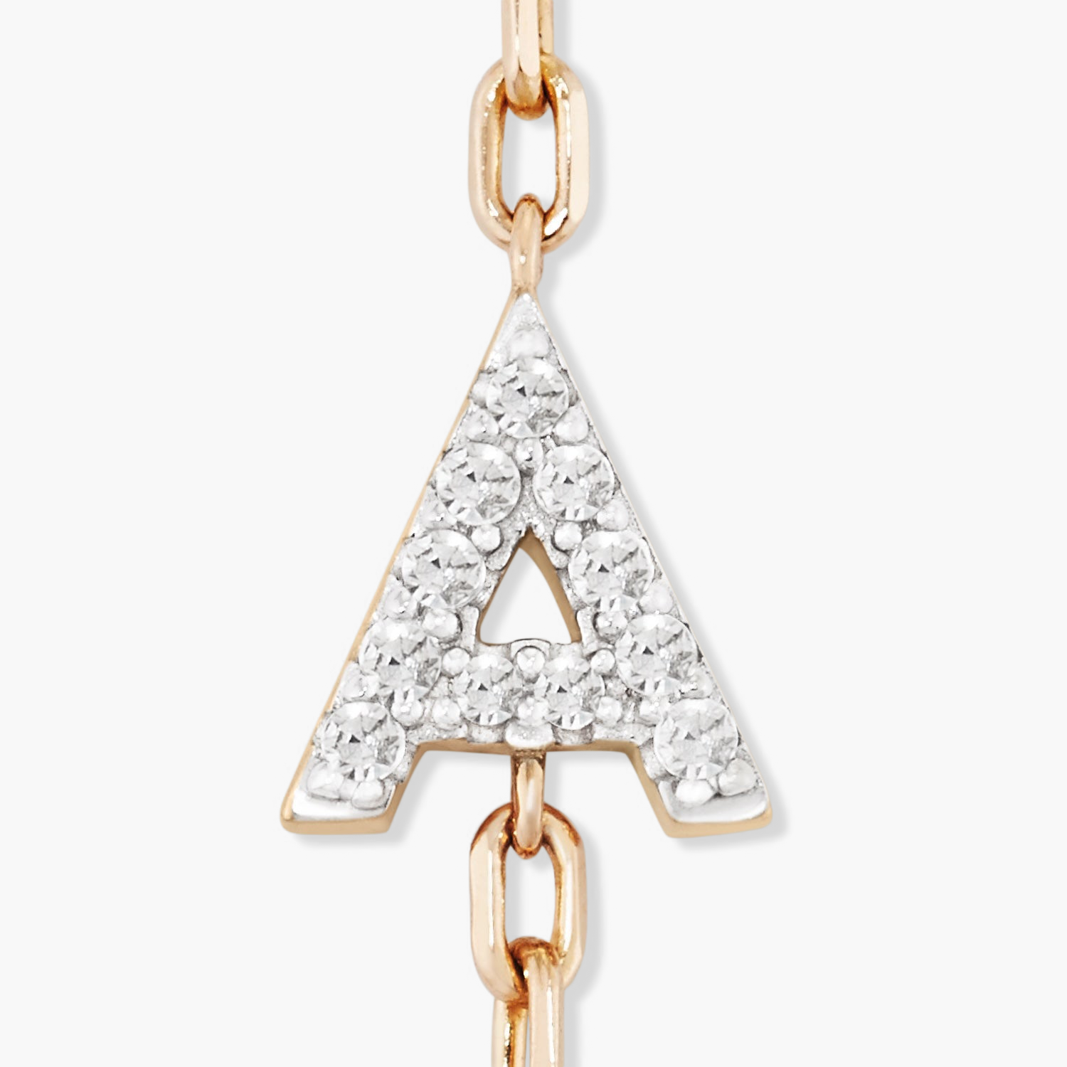 Diamond Letter Bracelet featuring a gold chain with an âAâ-shaped pendant, pavÃ©-set with sparkling white gemstones, handcrafted in 14k solid gold.