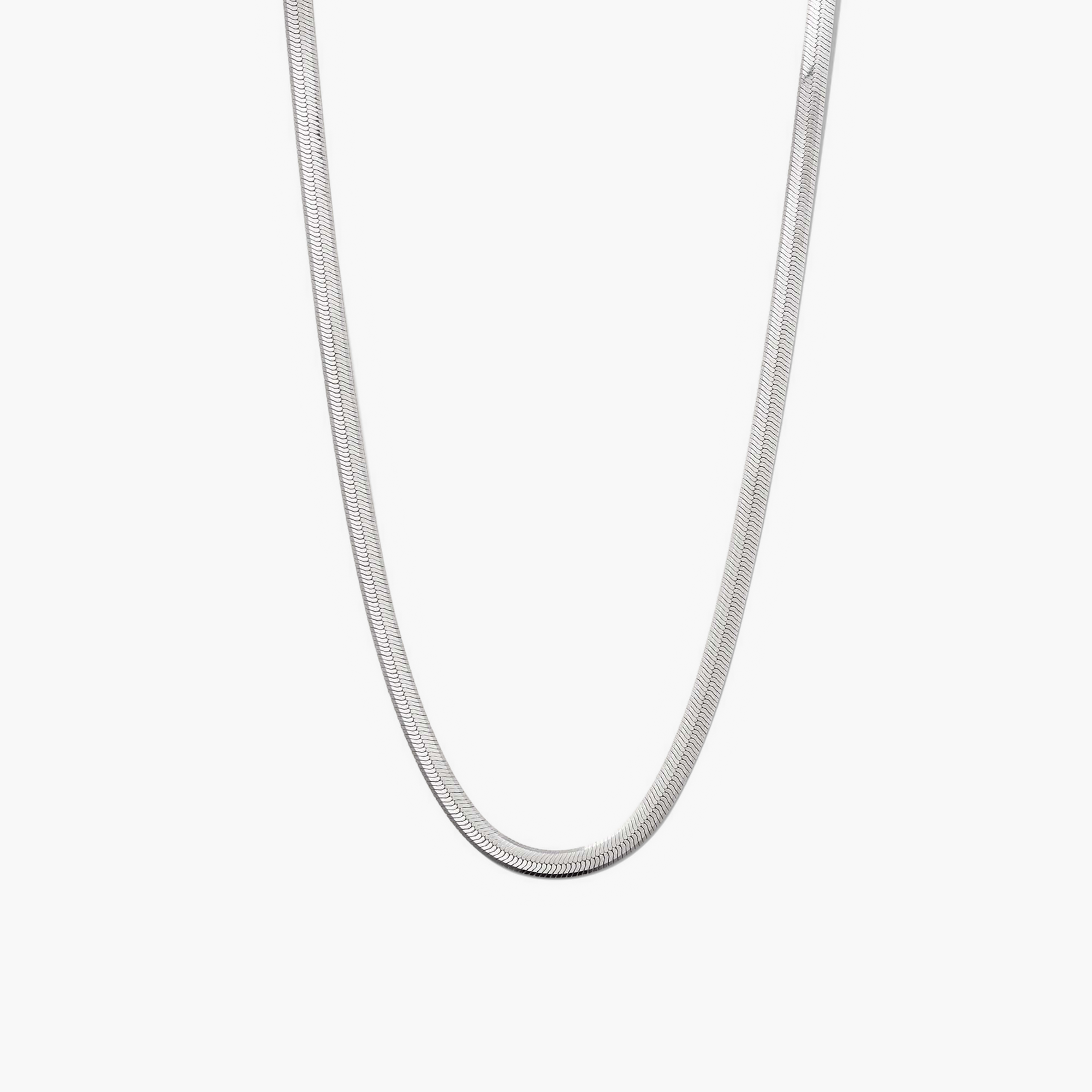 Bold Herringbone Chain Necklace - a sleek, silver herringbone chain, available in two lengths for versatile styling.