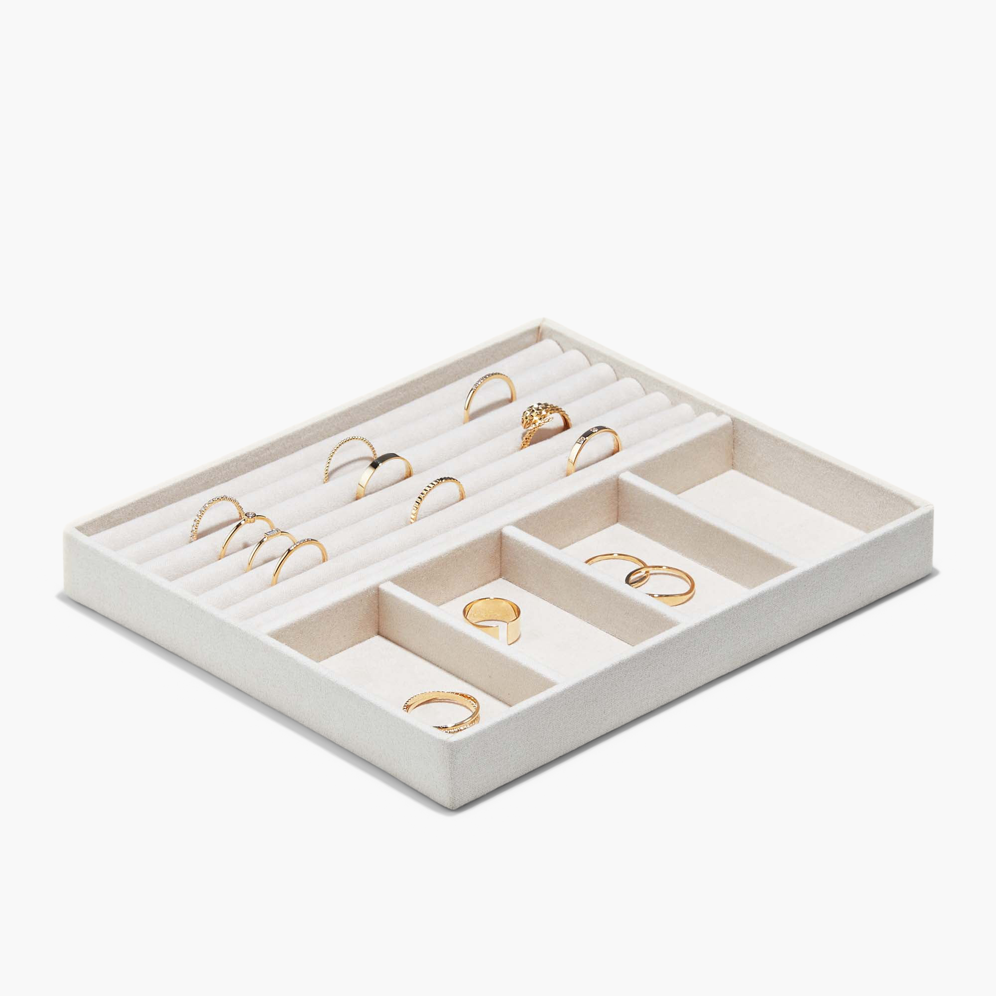 Jewelry Box showcasing a velvet-lined tray with upright gold rings and small compartments, designed for organized jewelry storage with customizable monogram options.