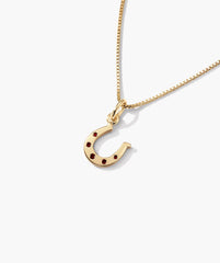 Horseshoe Charm necklace featuring a gold box-link chain with a pendant set with six red garnet stones, symbolizing vitality and celebration.