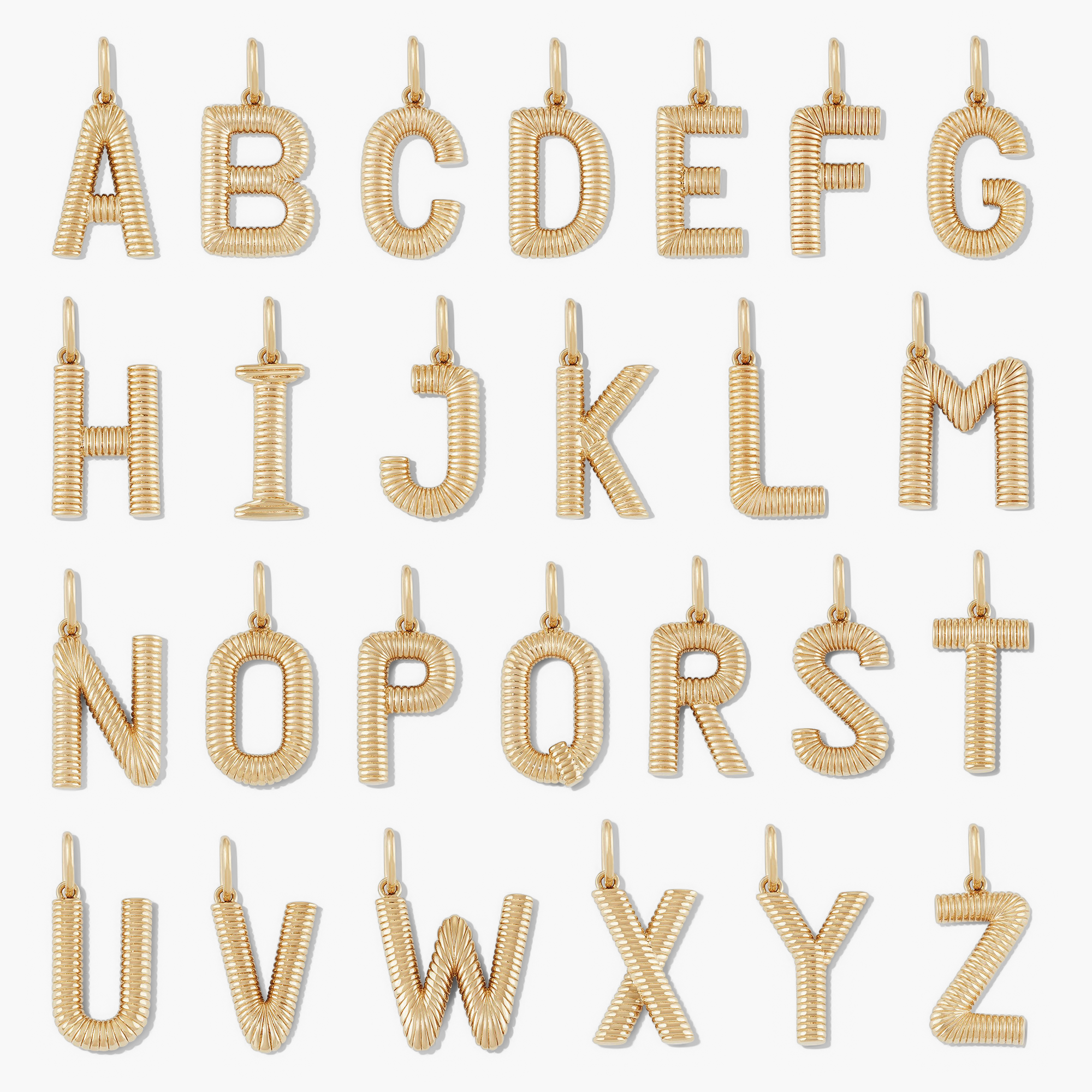 Bold Letter Pendant Necklace in 18k gold vermeil with an accordion pattern, shown with a 20 to 22-inch cable chain.