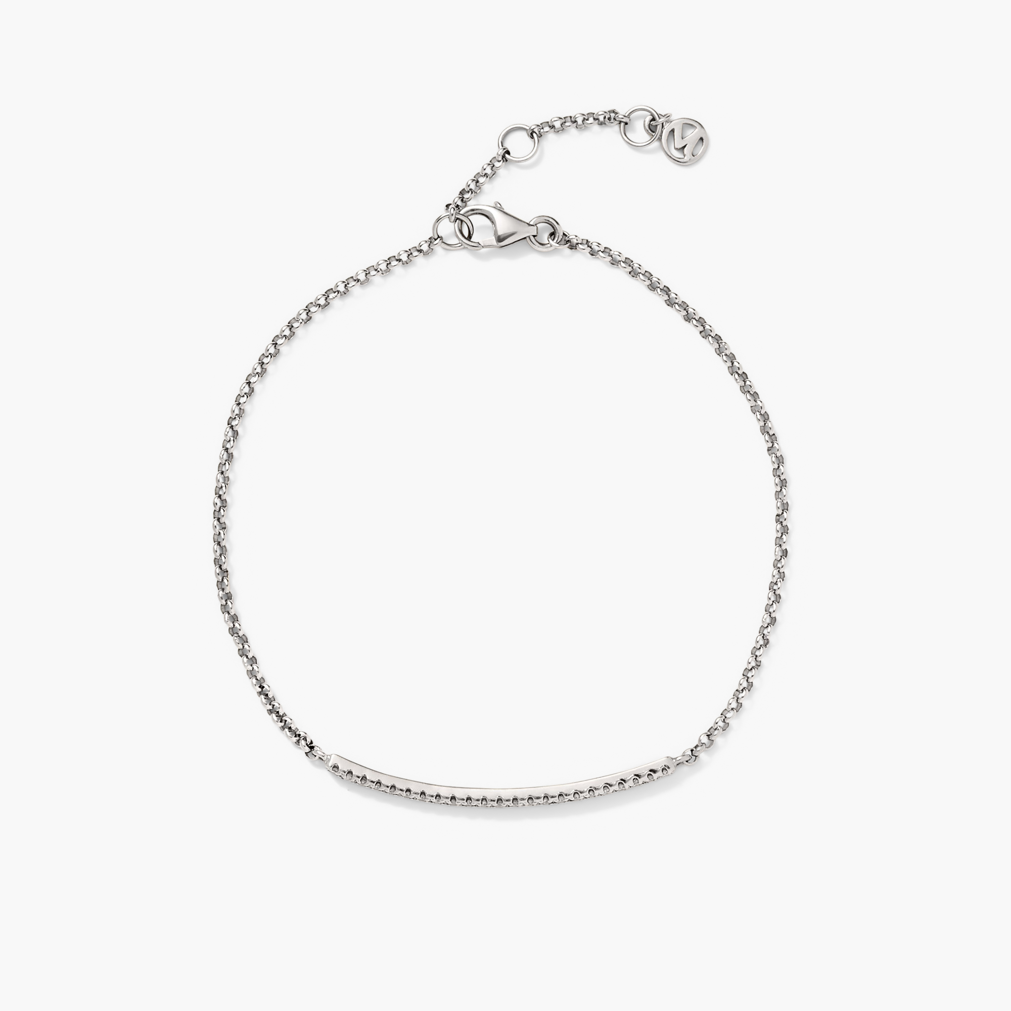 PavÃ© Diamond Bar Bracelet with a silver rolo chain and clasp, featuring 23 pavÃ© diamonds, perfect for wrist stacking. Handcrafted in 14k solid gold.