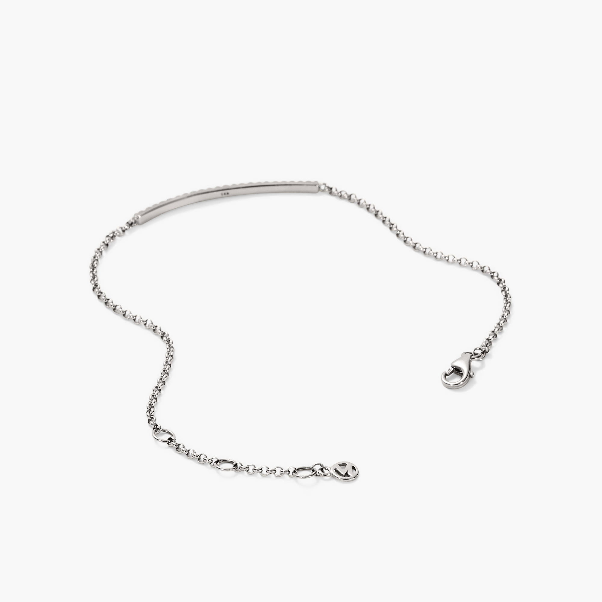 Pave Diamond Bar Bracelet: A silver chain bracelet featuring a horizontal bar adorned with pavÃ© diamonds, handcrafted in 14k solid gold.
