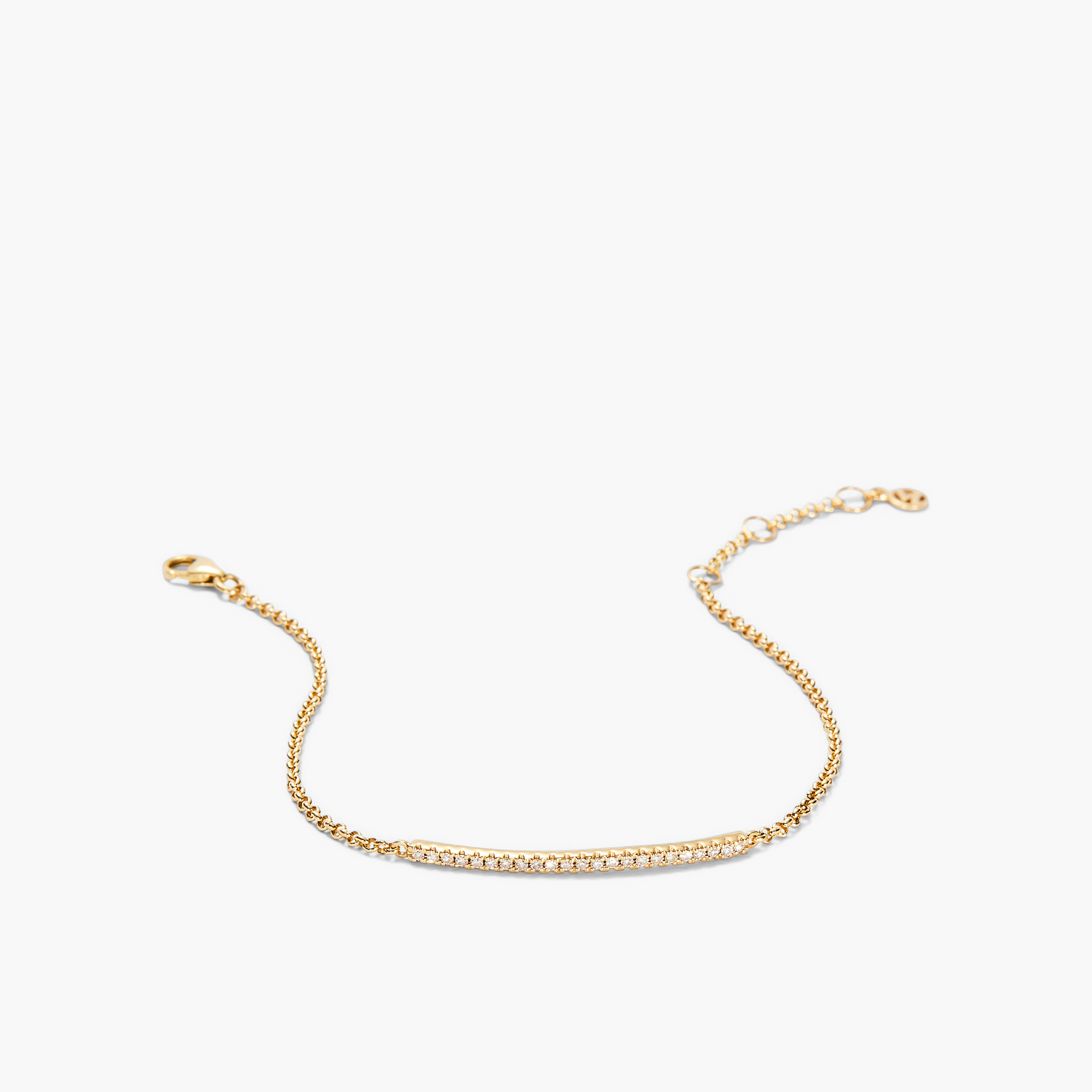 Pave Diamond Bar Bracelet featuring a gold chain with a clasp, highlighted in a close-up view displaying its intricate diamond detailing.