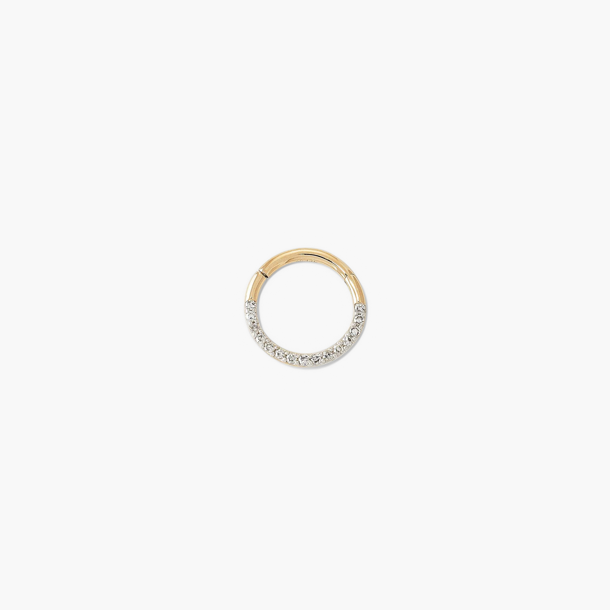 Cartilage PavÃ© Diamond Mini Hoop, a 14k gold ring with pavÃ© diamond setting, designed for the helix, featuring a hinge clasp for easy wear.