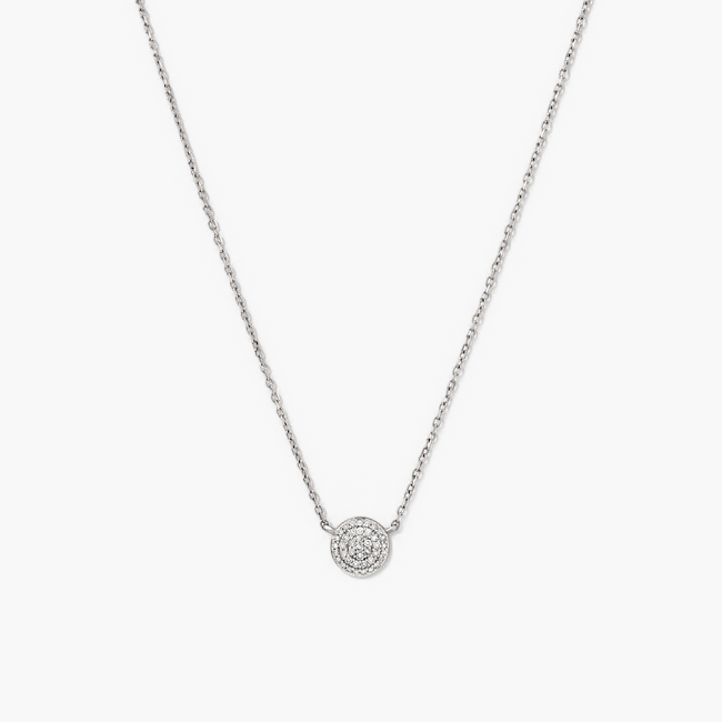 Large PavÃ© Diamond Round Necklace with a diamond pendant on a 14k gold chain, featuring a stunning pavÃ© setting for enhanced brilliance.