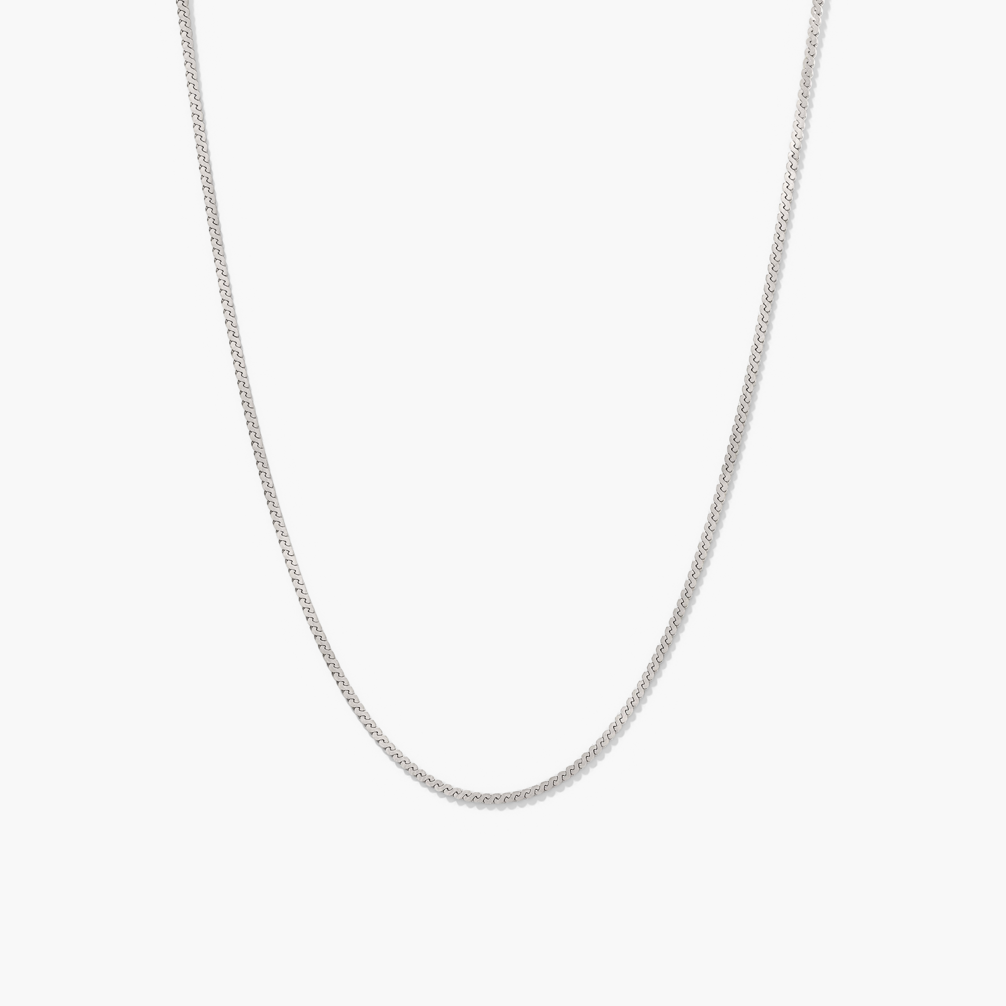 Serpentine Chain Necklace: A minimal silver chain with a sleek, flowing design, perfect for versatile, everyday wear.