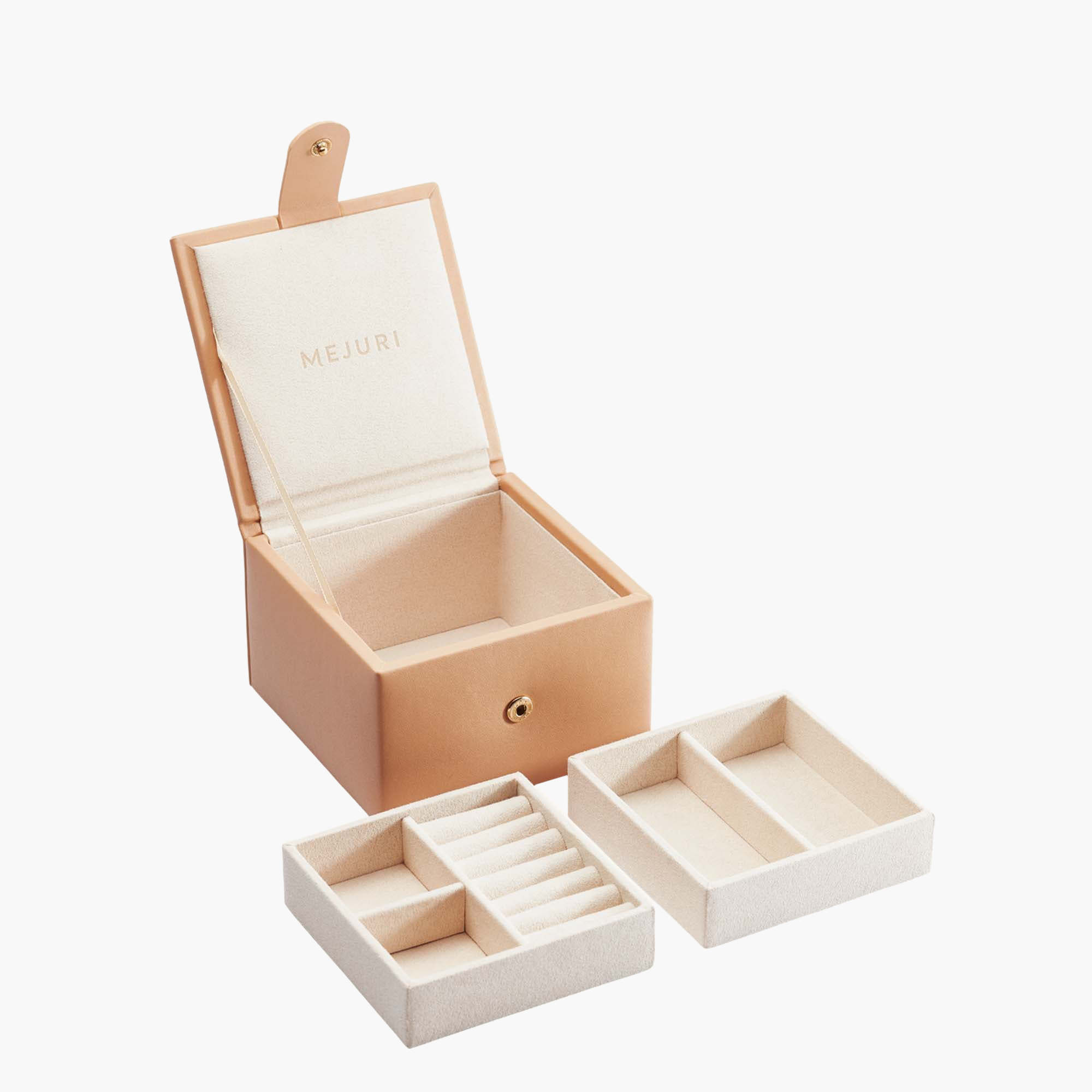 Small Jewelry Box with open lid, showcasing two removable trays with specialized compartments and tarnish-preventing interior lining, ideal for organizing fine jewelry.