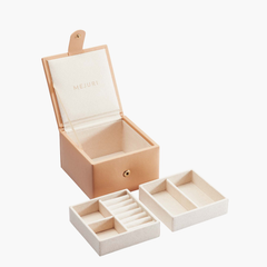 Small Jewelry Box with open lid, showcasing two removable trays with specialized compartments and tarnish-preventing interior lining, ideal for organizing fine jewelry.