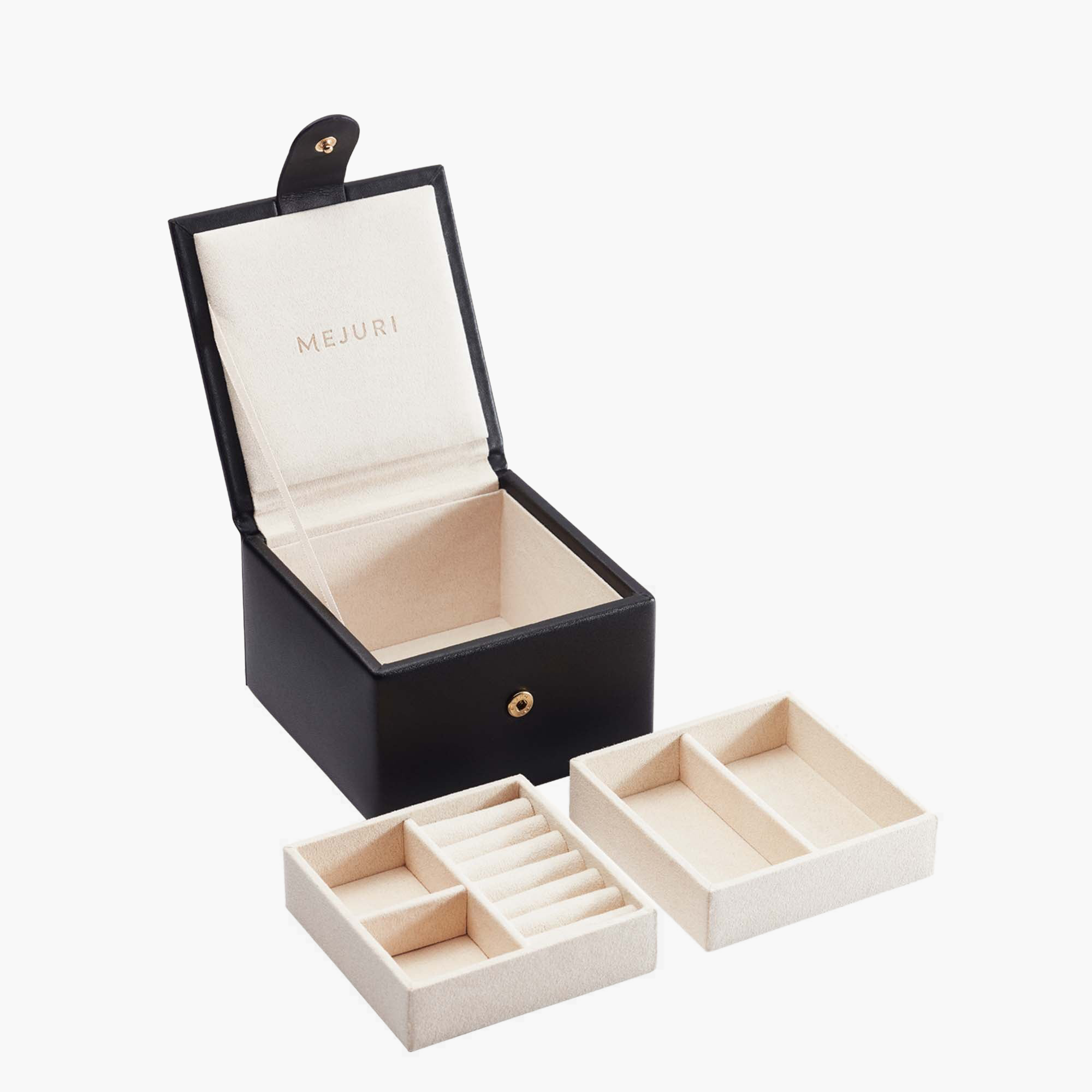 Small Jewelry Box with open lid, revealing two removable trays with compartments and a treated interior lining to prevent tarnishing.
